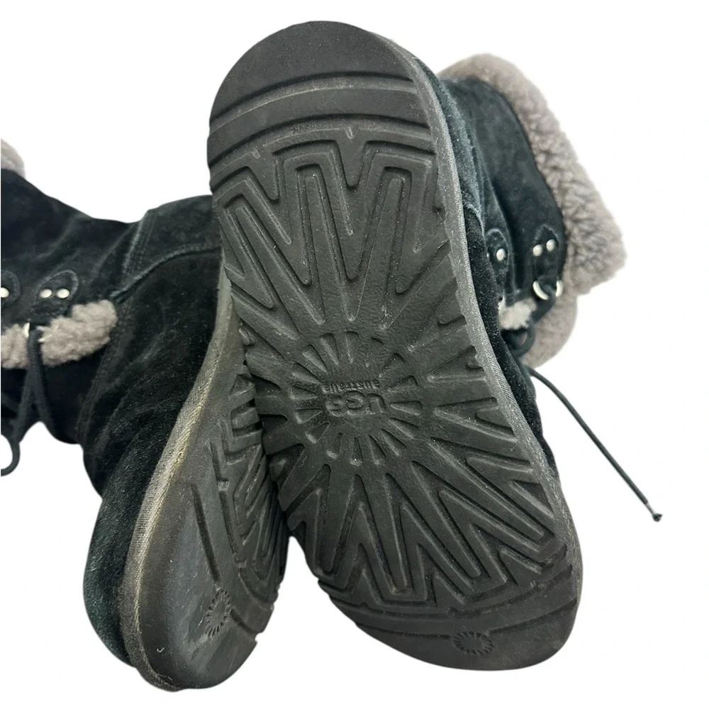 UGG‎ Montclair 1892 Boot Black Suede Gray Shearling Fur Cuff Girls Size 4